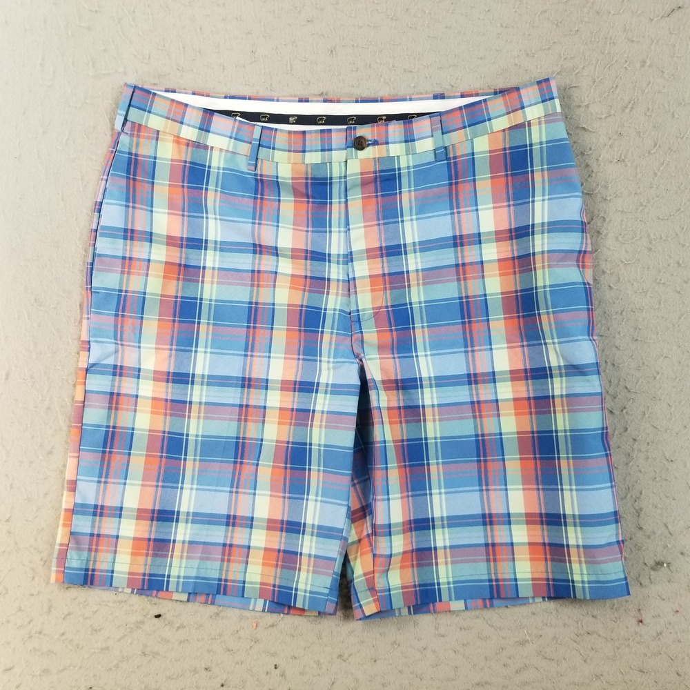 Jack Nicklaus Golf Shorts Mens 36 Blue Plaid Performance‎ Flat Front Polyester